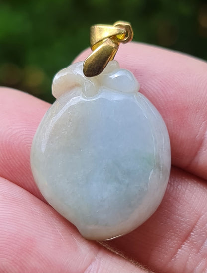 Natural Burmese Jadeite Jade Pendant – Icy Bluish, Milky White & Moss Green – Hand-Carved Peach Motif – JOP007