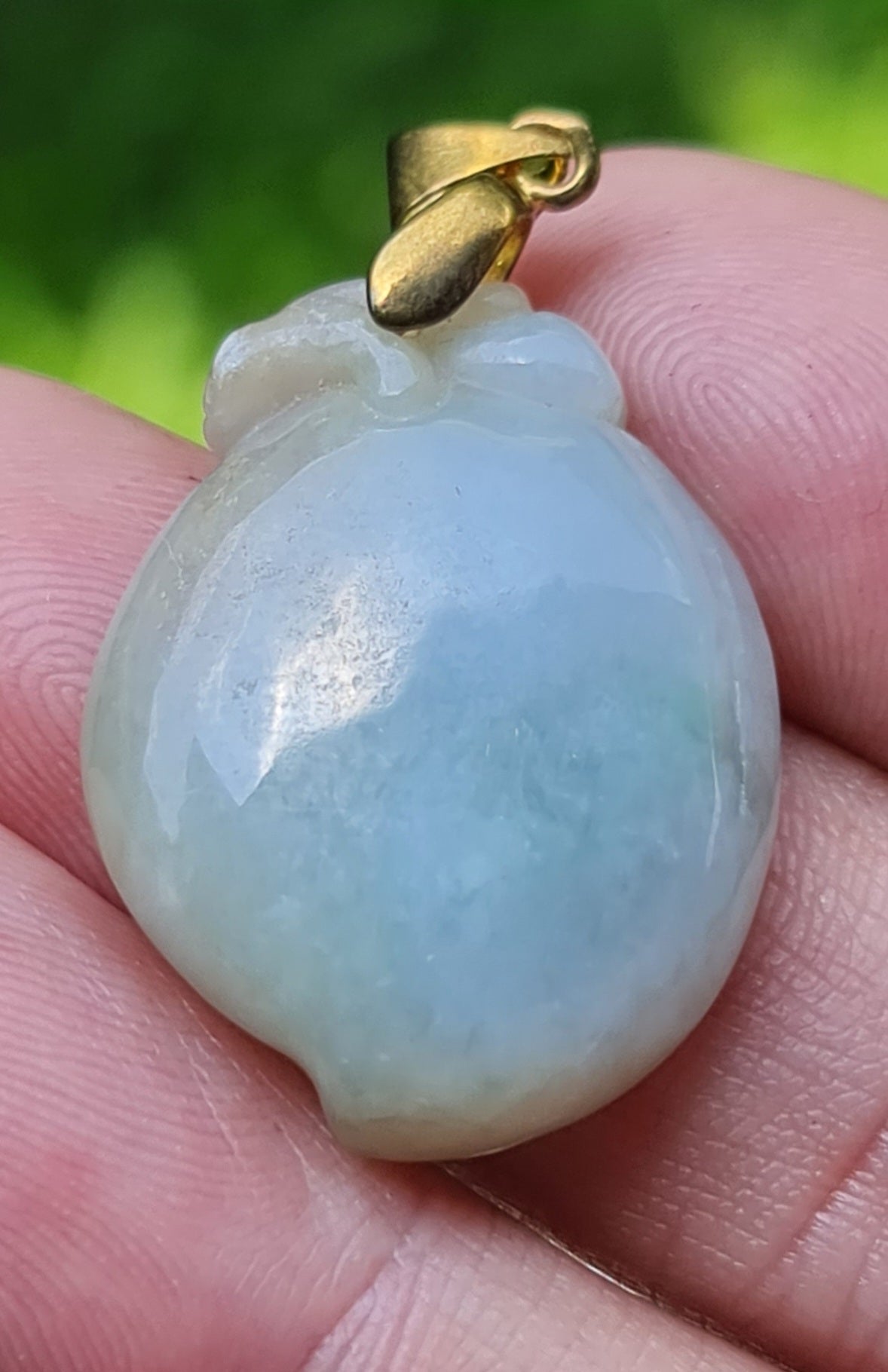 Natural Burmese Jadeite Jade Pendant – Icy Bluish, Milky White & Moss Green – Hand-Carved Peach Motif – JOP007