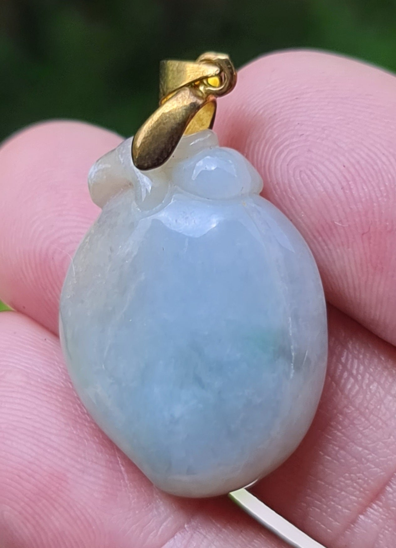 Natural Burmese Jadeite Jade Pendant – Icy Bluish, Milky White & Moss Green – Hand-Carved Peach Motif – JOP007