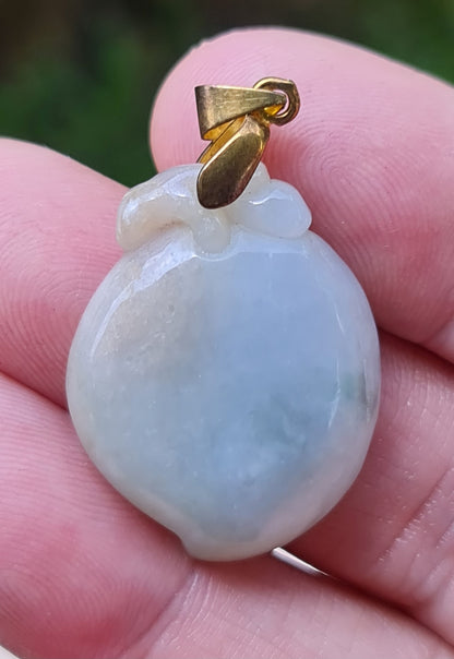 Natural Burmese Jadeite Jade Pendant – Icy Bluish, Milky White & Moss Green – Hand-Carved Peach Motif – JOP007