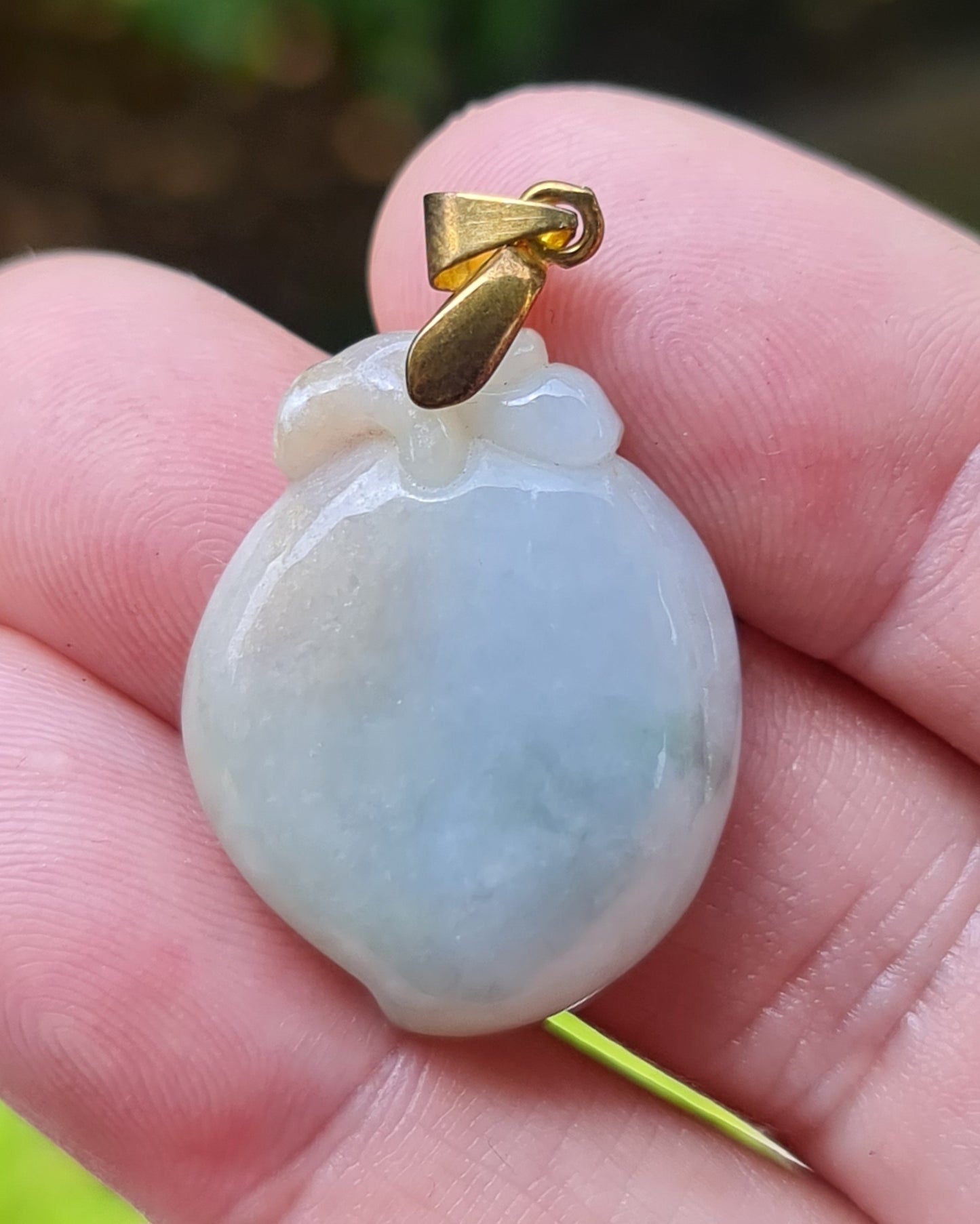 Natural Burmese Jadeite Jade Pendant – Icy Bluish, Milky White & Moss Green – Hand-Carved Peach Motif – JOP007