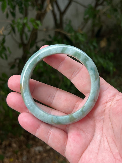 Certified Grade A Natural Burmese Jadeite Jade Bangle 62.2mm Icy Seafoam Green Moss Green Jade Flat Inner Rounded Outer Bracelet JB1313
