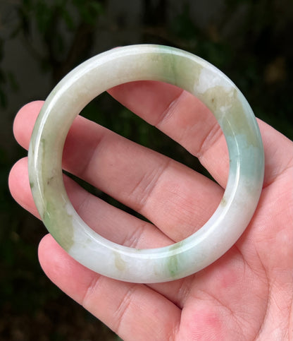 Certified Grade A Natural Burmese Jadeite Jade Princess Round Bangle 52.8mm Icy Green Jade Milky White Jade Moss In Jade Bracelet JB1321