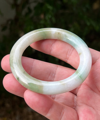 Certified Grade A Natural Burmese Jadeite Jade Princess Round Bangle 52.8mm Icy Green Jade Milky White Jade Moss In Jade Bracelet JB1321