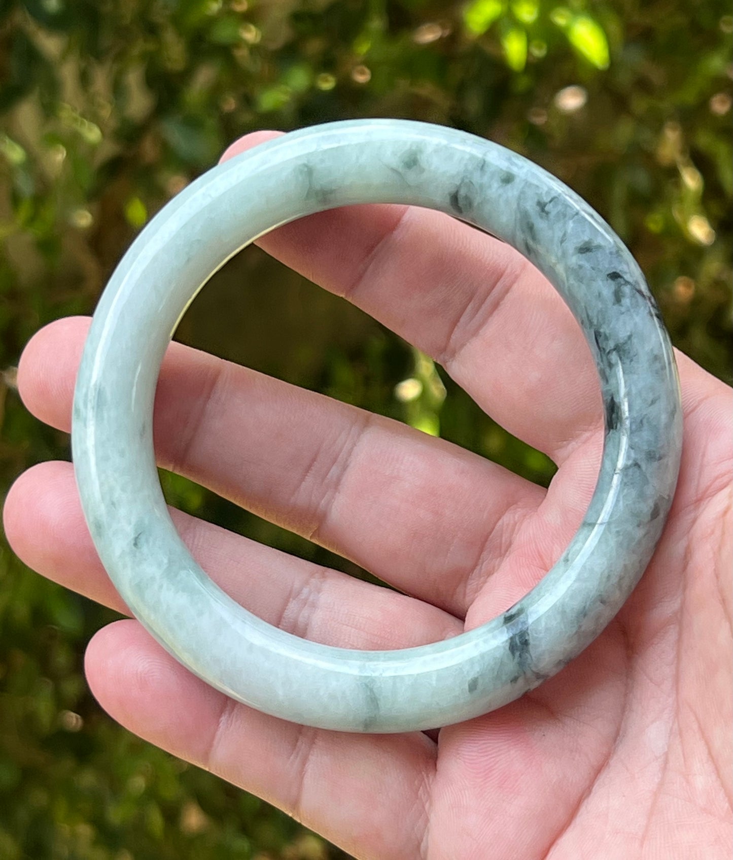 Certified Natural Burmese Grade A Princess Cut Jadeite Jade Bangle 64.9mm Icy Celadon Green Moss Green Snow White Jade Bracelet JB1272