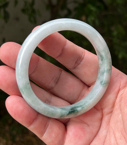 Certified Grade A Natural Burmese Jadeite Jade Bangle 58.5mm Icy Green Jade Milky White Jade Moss In Snow Jade Bracelet JB1293