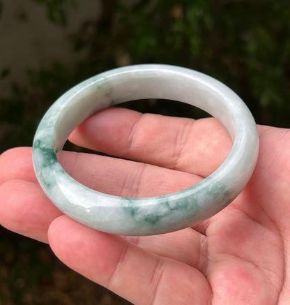 Certified Grade A Natural Burmese Jadeite Jade Bangle 58.5mm Icy Green Jade Milky White Jade Moss In Snow Jade Bracelet JB1293