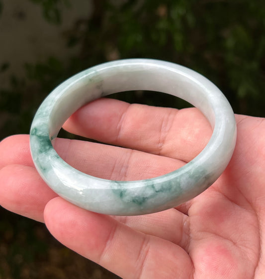 Certified Grade A Natural Burmese Jadeite Jade Bangle 58.5mm Icy Green Jade Milky White Jade Moss In Snow Jade Bracelet JB1293