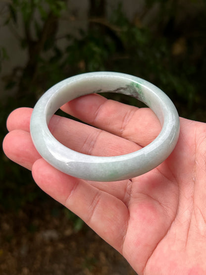 Certified Grade A Natural Burmese Jadeite Jade Bangle 60.5mm Icy Green Jade Moss In Snow Jade Milky White Jade Bracelet JB1316