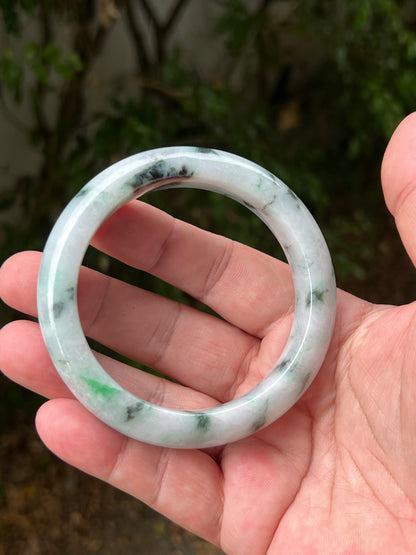 Certified Grade A Natural Burmese Jadeite Jade Bangle 62.7mm Icy White Moss in Snow Imperial and Moss Green Jade Bracelet JB1315