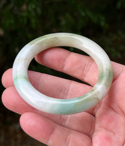 Certified Grade A Natural Burmese Jadeite Jade Princess Round Bangle 52.8mm Icy Green Jade Milky White Jade Moss In Jade Bracelet JB1321