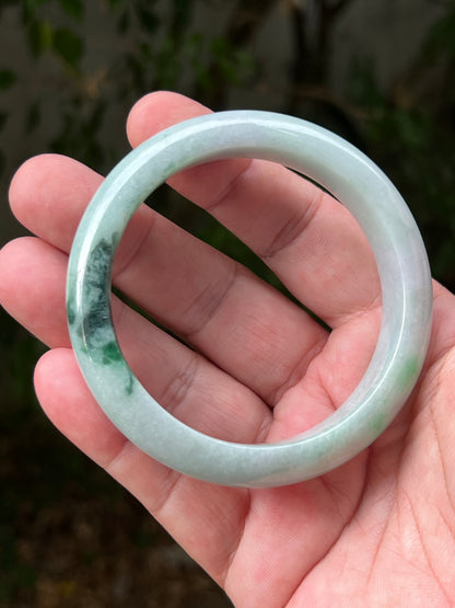 Certified Grade A Natural Burmese Jadeite Jade Bangle 60.5mm Icy Green Jade Moss In Snow Jade Milky White Jade Bracelet JB1316