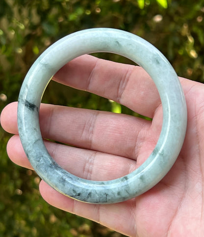 Certified Natural Burmese Grade A Princess Cut Jadeite Jade Bangle 64.9mm Icy Celadon Green Moss Green Snow White Jade Bracelet JB1272