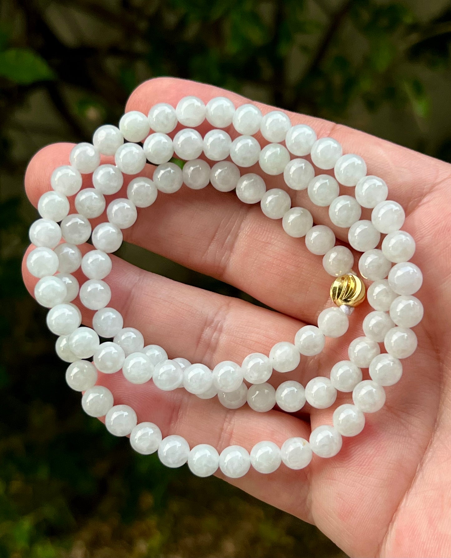 Natural Certified Grade A Burmese Jadeite Jade Beaded Necklace – Icy Milky White & Light Apple Green Hues – 6.8mm Beads – JN012