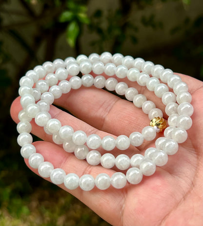Natural Certified Grade A Burmese Jadeite Jade Beaded Necklace – Icy Milky White & Light Apple Green Hues – 6.8mm Beads – JN012
