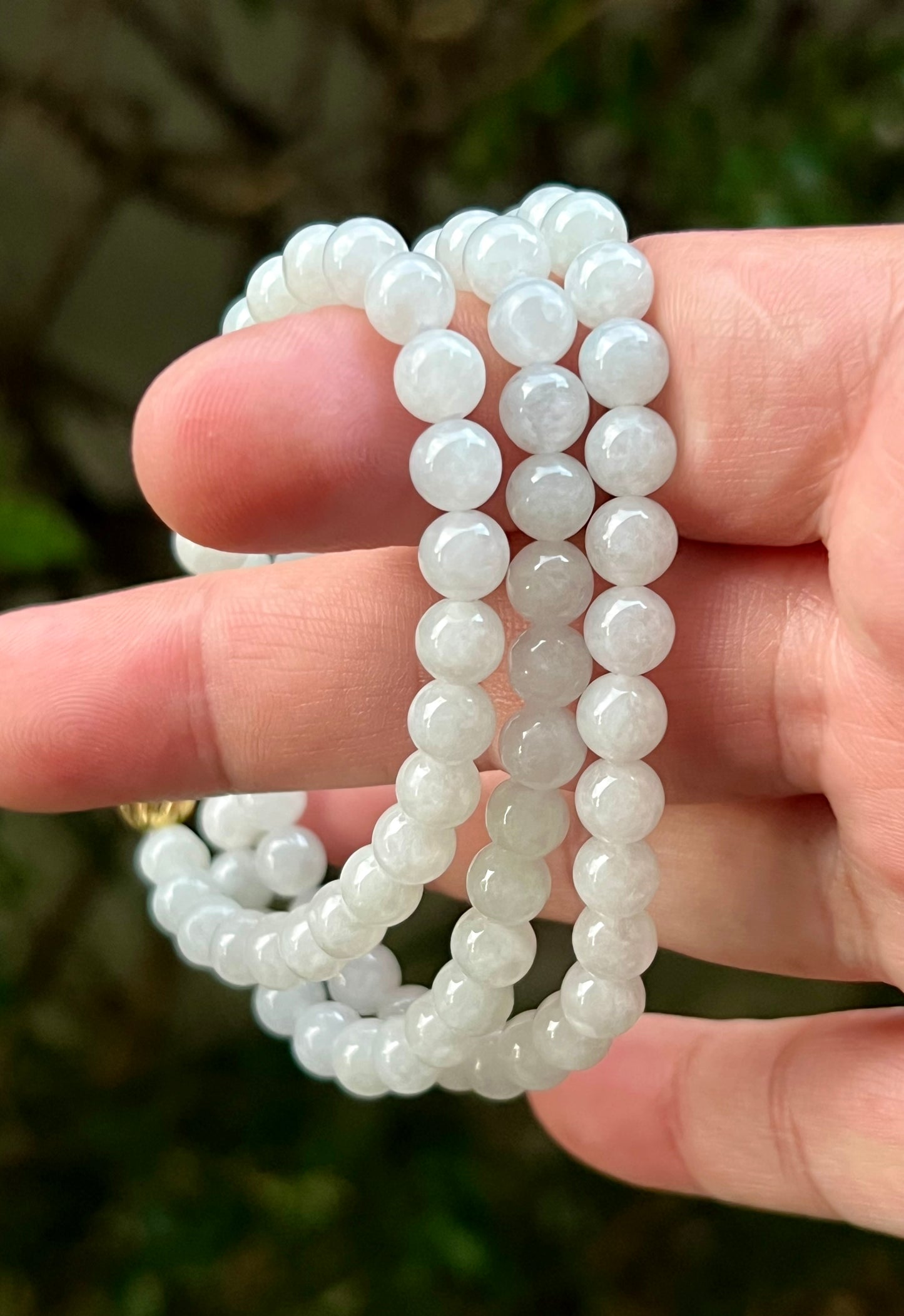 Natural Certified Grade A Burmese Jadeite Jade Beaded Necklace – Icy Milky White & Light Apple Green Hues – 6.8mm Beads – JN012