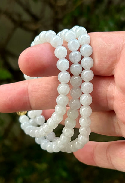 Natural Certified Grade A Burmese Jadeite Jade Beaded Necklace – Icy Milky White & Light Apple Green Hues – 6.8mm Beads – JN012