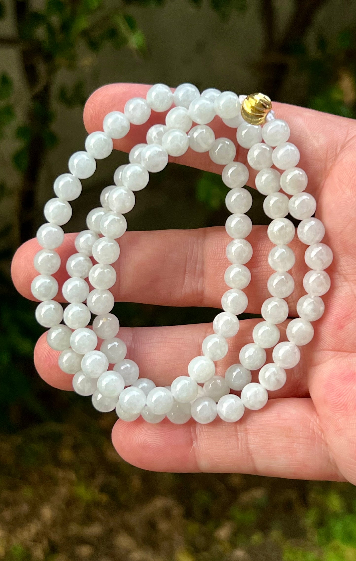 Natural Certified Grade A Burmese Jadeite Jade Beaded Necklace – Icy Milky White & Light Apple Green Hues – 6.8mm Beads – JN012
