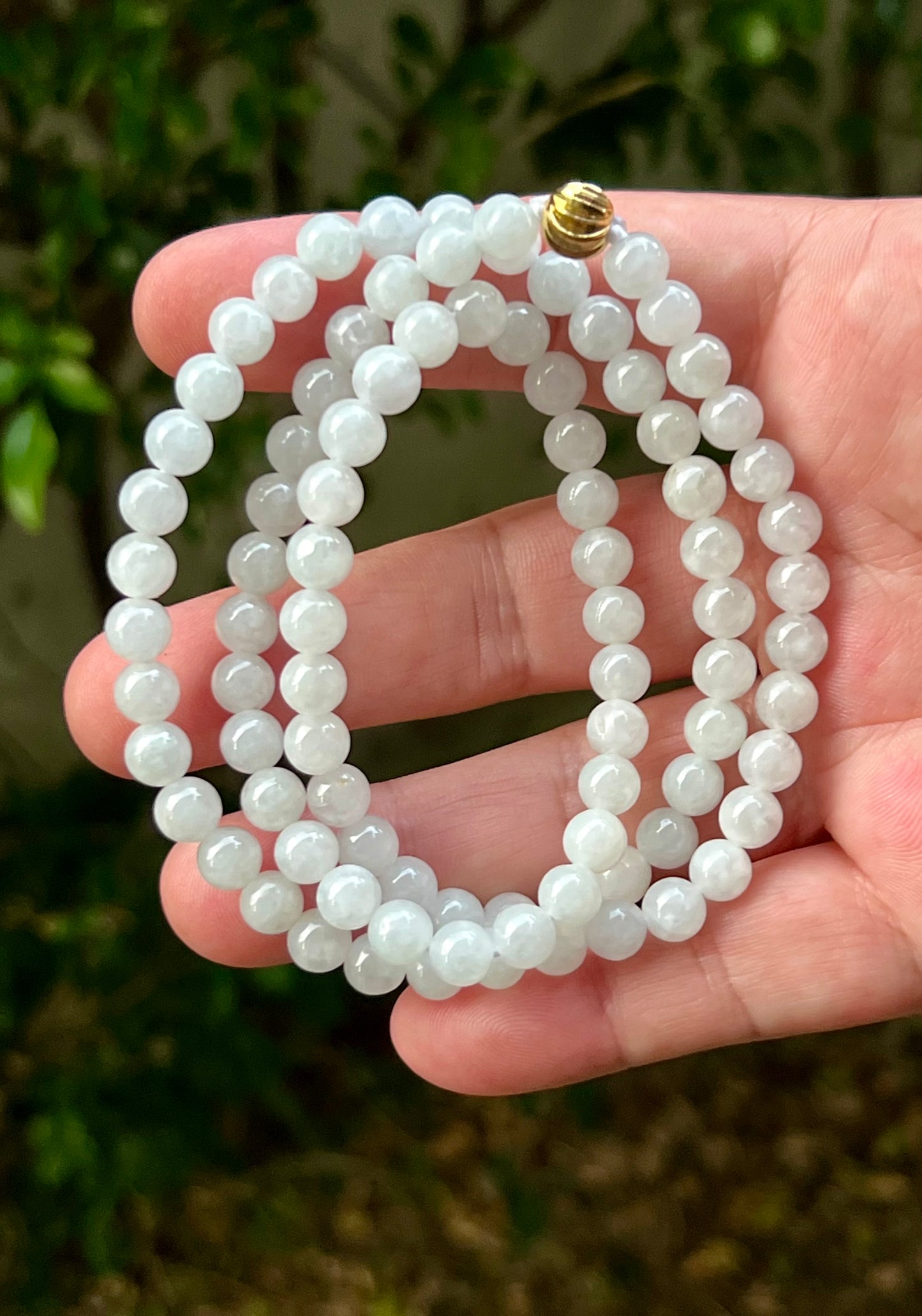 Natural Certified Grade A Burmese Jadeite Jade Beaded Necklace – Icy Milky White & Light Apple Green Hues – 6.8mm Beads – JN012