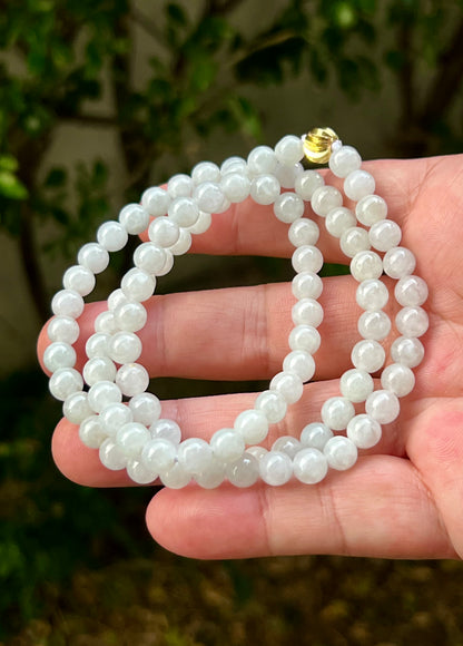 Natural Certified Grade A Burmese Jadeite Jade Beaded Necklace – Icy Milky White & Light Apple Green Hues – 6.8mm Beads – JN012