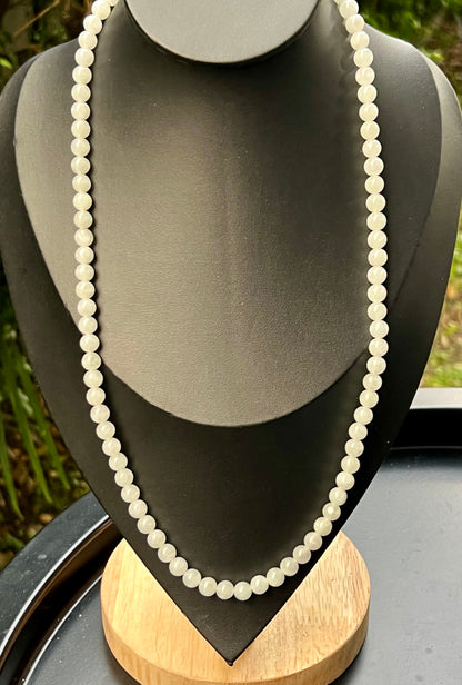 Natural Certified Grade A Burmese Jadeite Jade Beaded Necklace – Icy Milky White & Light Apple Green Hues – 6.8mm Beads – JN012