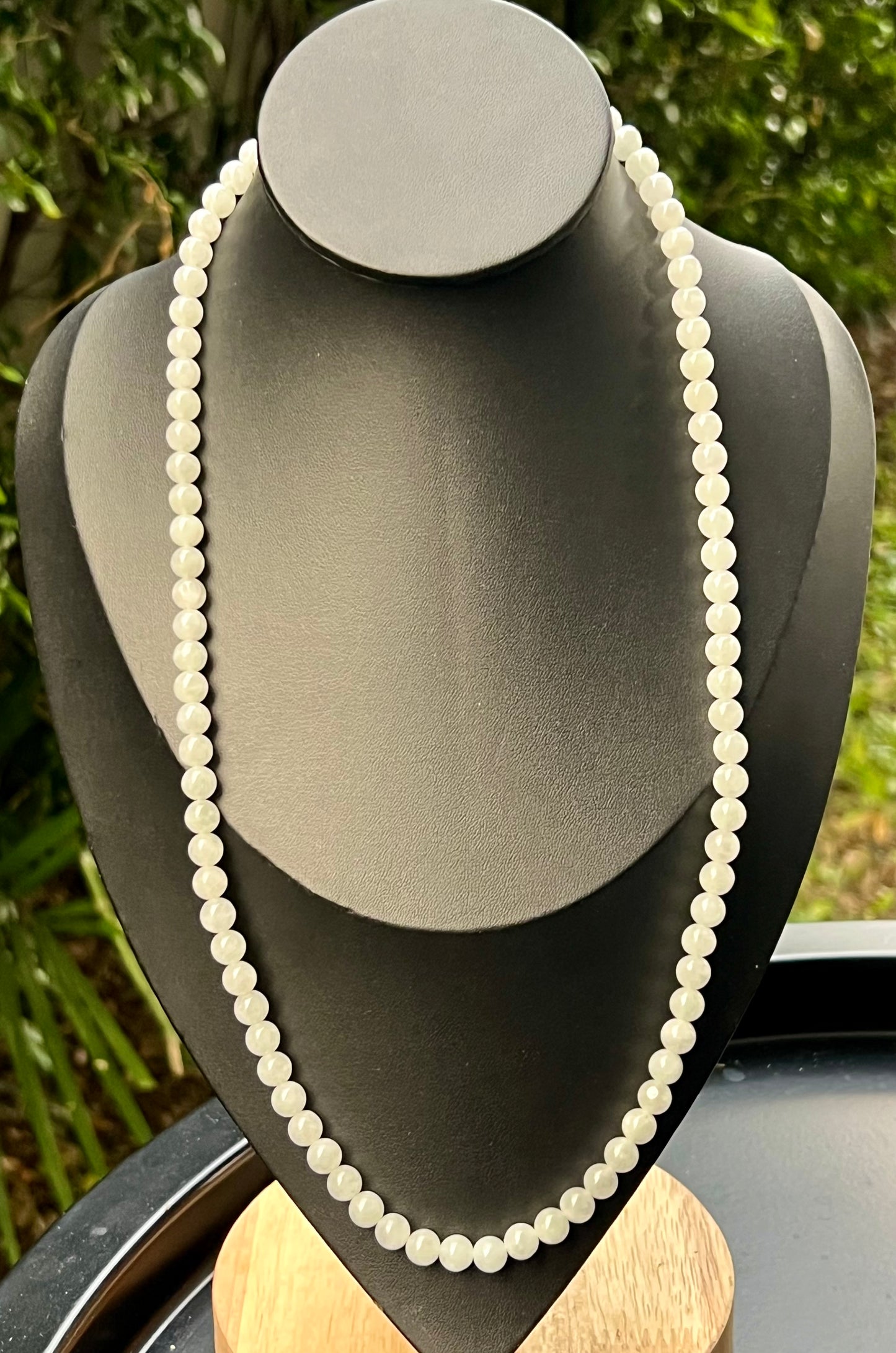 Natural Certified Grade A Burmese Jadeite Jade Beaded Necklace – Icy Milky White & Light Apple Green Hues – 6.8mm Beads – JN012