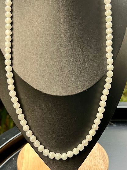 Natural Certified Grade A Burmese Jadeite Jade Beaded Necklace – Icy Milky White & Light Apple Green Hues – 6.8mm Beads – JN012