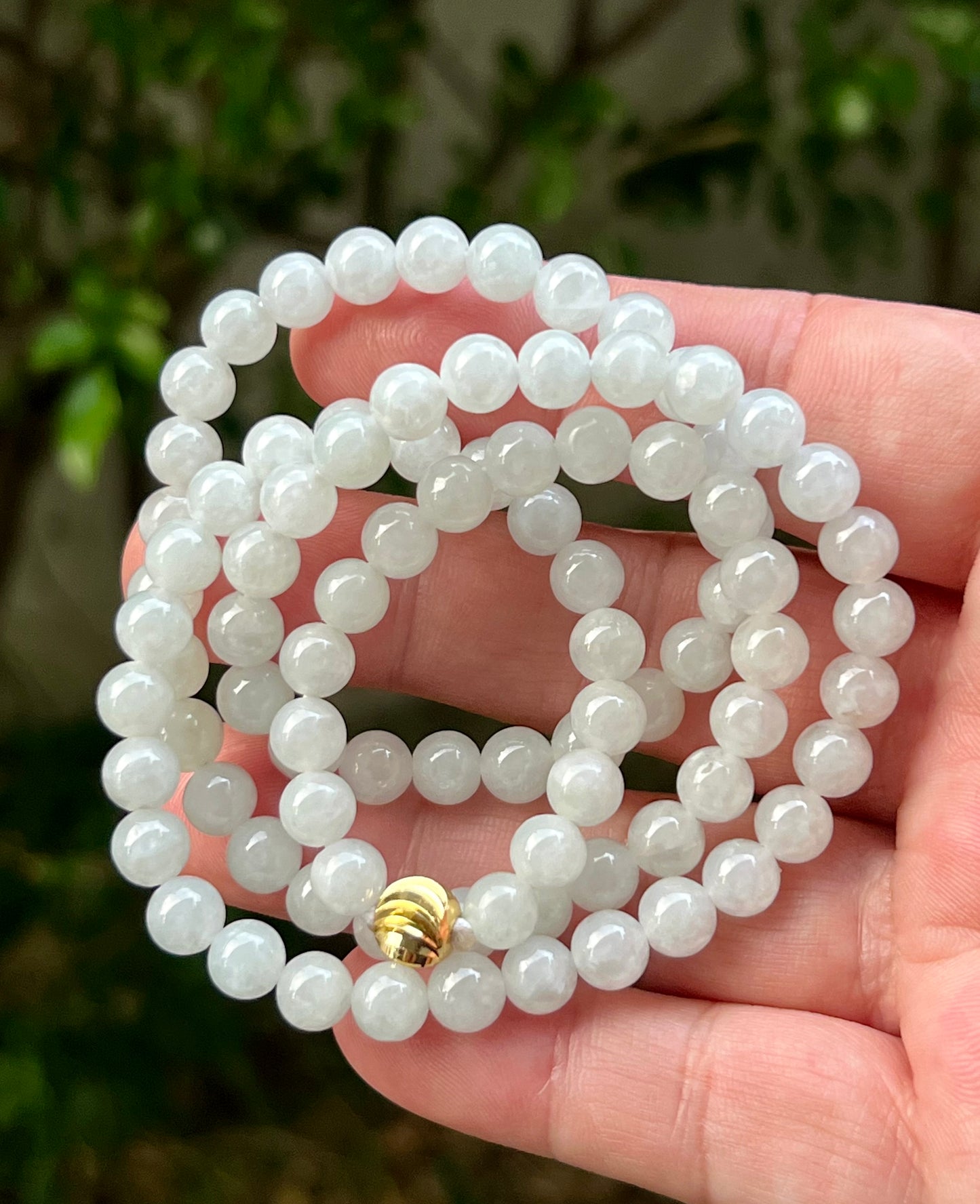 Natural Certified Grade A Burmese Jadeite Jade Beaded Necklace – Icy Milky White & Light Apple Green Hues – 6.8mm Beads – JN013