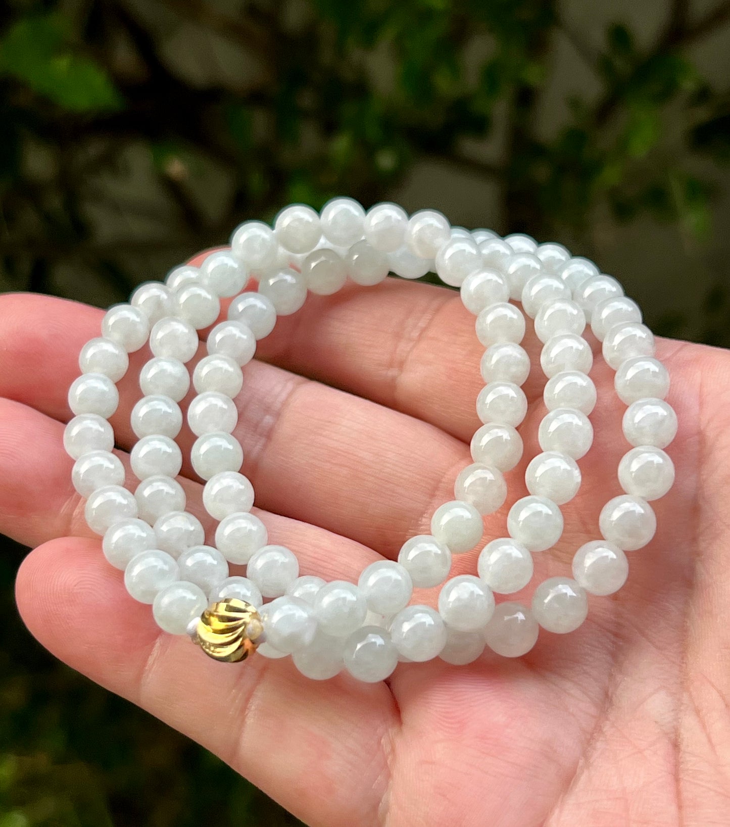 Natural Certified Grade A Burmese Jadeite Jade Beaded Necklace – Icy Milky White & Light Apple Green Hues – 6.8mm Beads – JN013