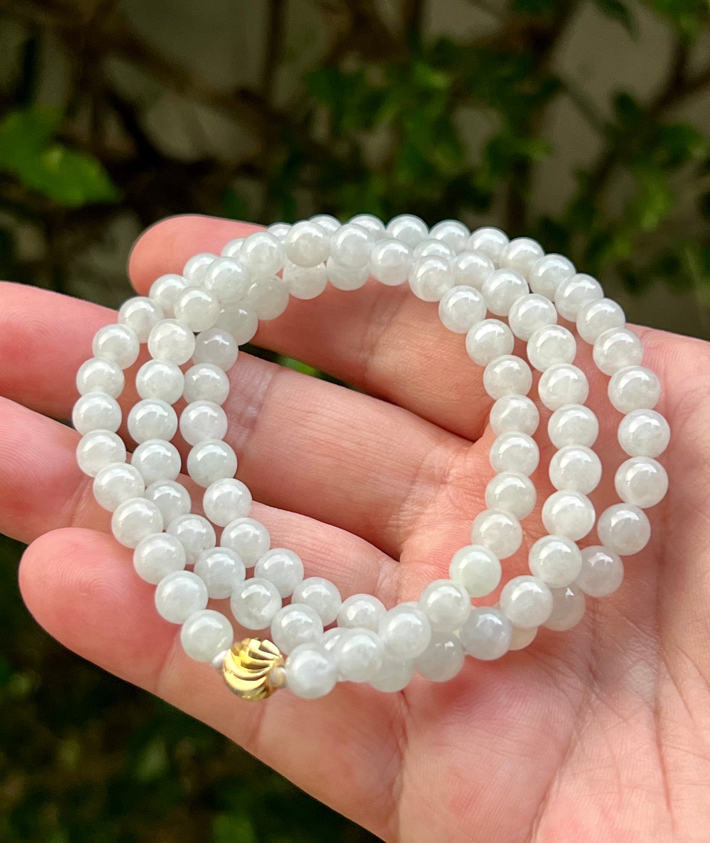 Natural Certified Grade A Burmese Jadeite Jade Beaded Necklace – Icy Milky White & Light Apple Green Hues – 6.8mm Beads – JN013