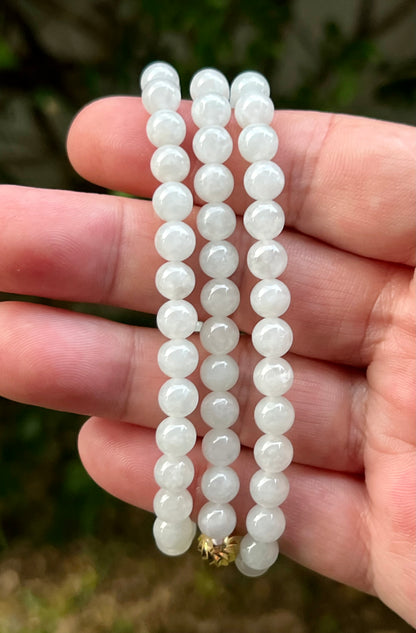 Natural Certified Grade A Burmese Jadeite Jade Beaded Necklace – Icy Milky White & Light Apple Green Hues – 6.8mm Beads – JN013