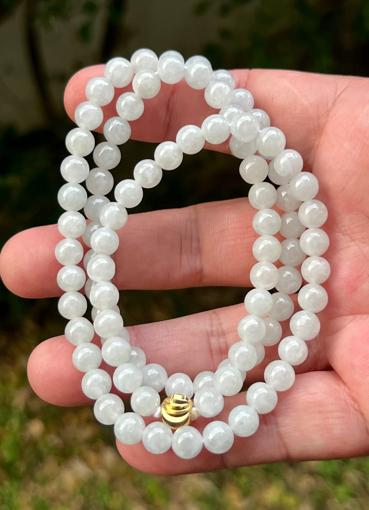 Natural Certified Grade A Burmese Jadeite Jade Beaded Necklace – Icy Milky White & Light Apple Green Hues – 6.8mm Beads – JN013