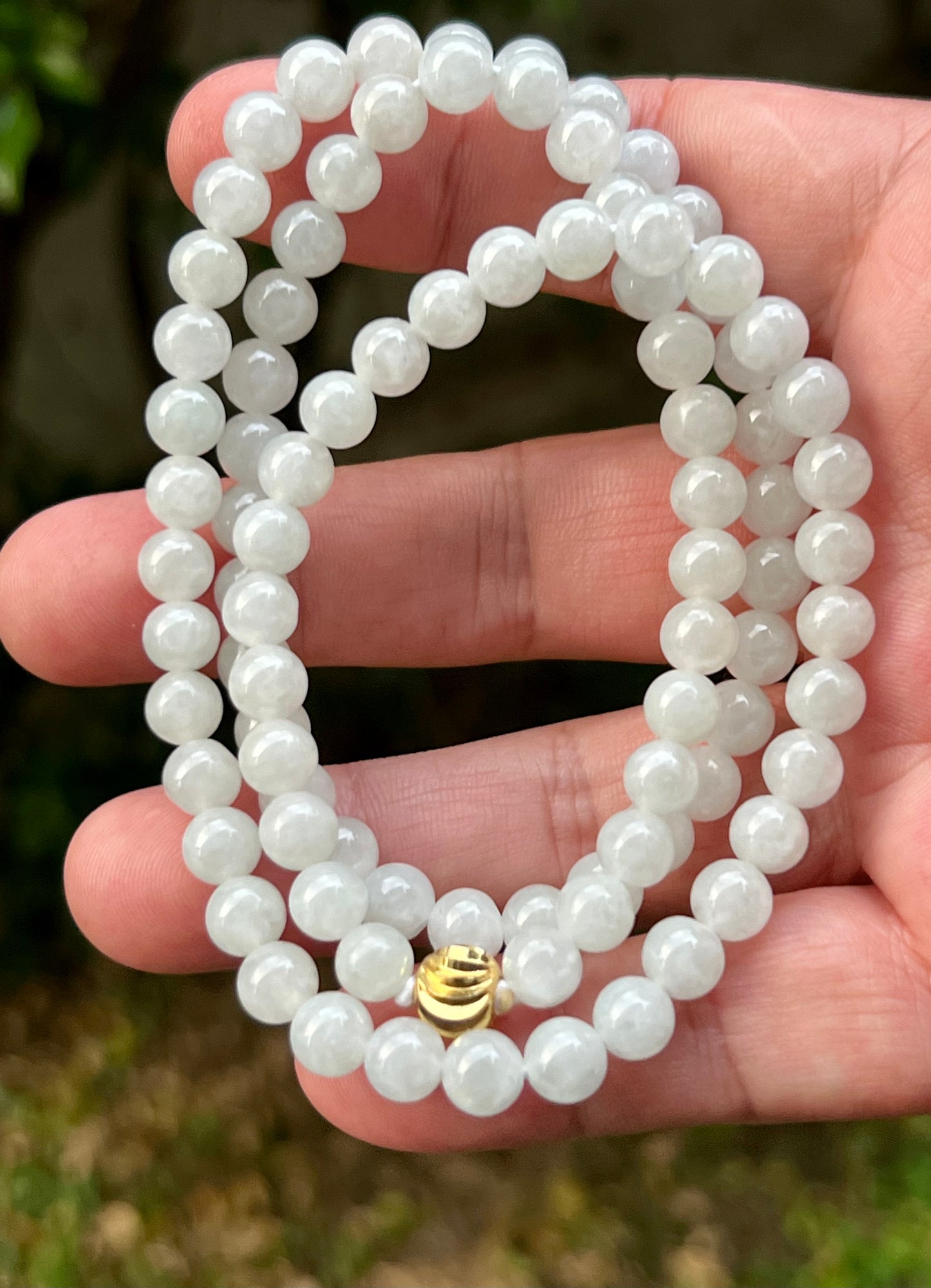 Natural Certified Grade A Burmese Jadeite Jade Beaded Necklace – Icy Milky White & Light Apple Green Hues – 6.8mm Beads – JN013
