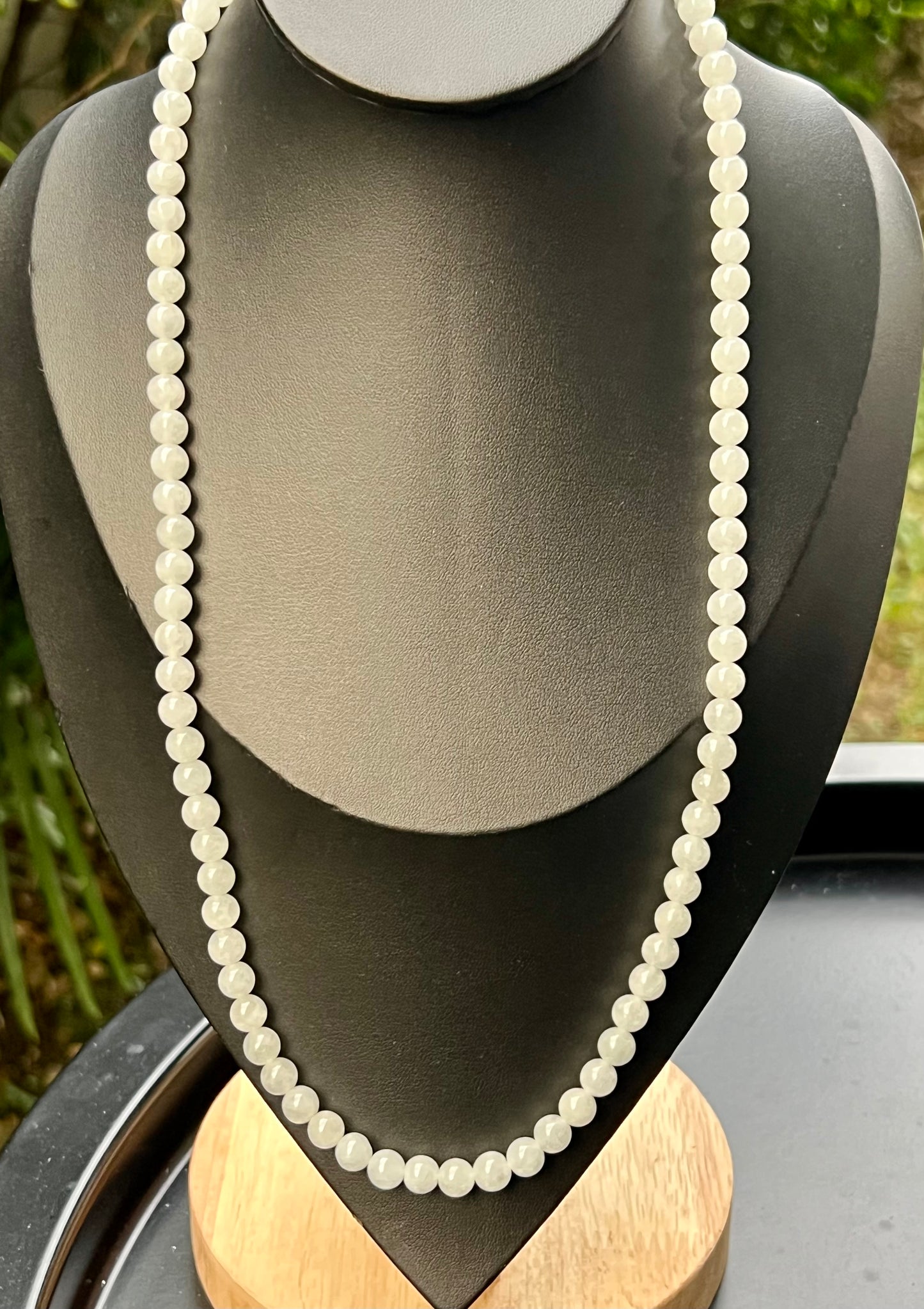 Natural Certified Grade A Burmese Jadeite Jade Beaded Necklace – Icy Milky White & Light Apple Green Hues – 6.8mm Beads – JN013