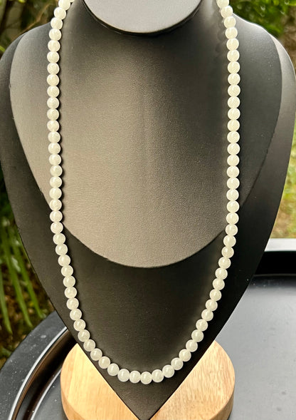Natural Certified Grade A Burmese Jadeite Jade Beaded Necklace – Icy Milky White & Light Apple Green Hues – 6.8mm Beads – JN013