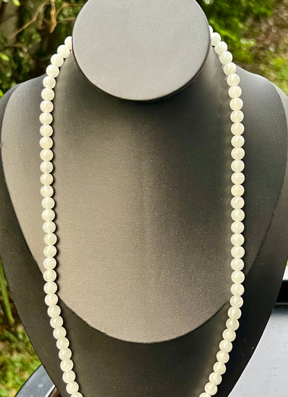Natural Certified Grade A Burmese Jadeite Jade Beaded Necklace – Icy Milky White & Light Apple Green Hues – 6.8mm Beads – JN013