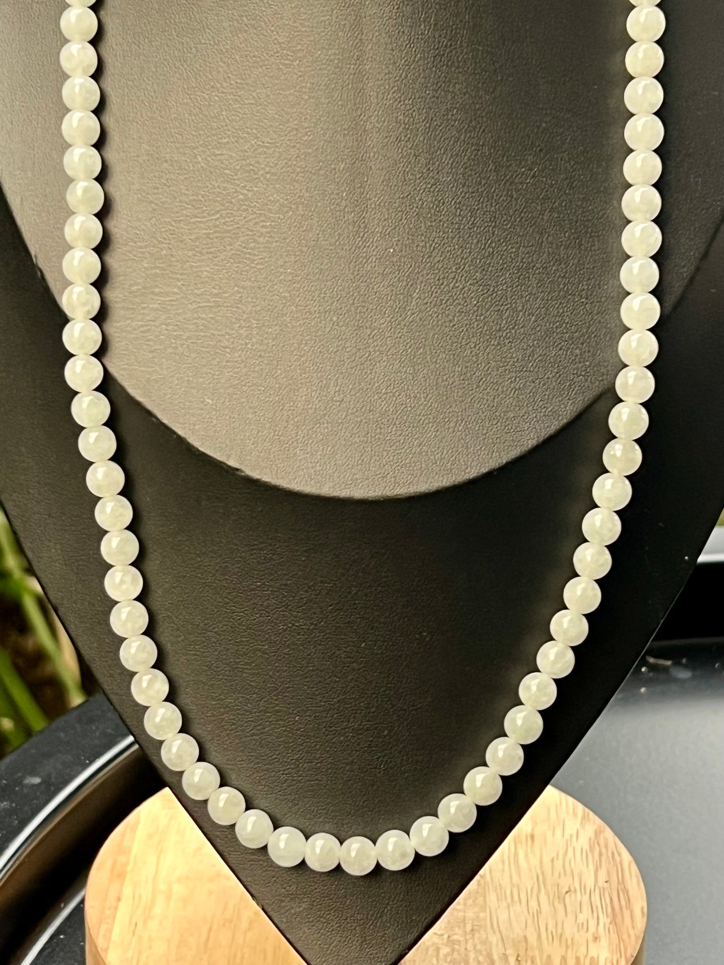 Natural Certified Grade A Burmese Jadeite Jade Beaded Necklace – Icy Milky White & Light Apple Green Hues – 6.8mm Beads – JN013
