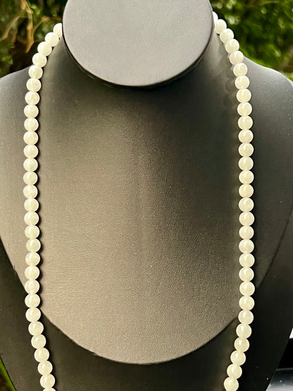 Natural Certified Grade A Burmese Jadeite Jade Beaded Necklace – Icy Milky White & Light Apple Green Hues – 6.8mm Beads – JN013