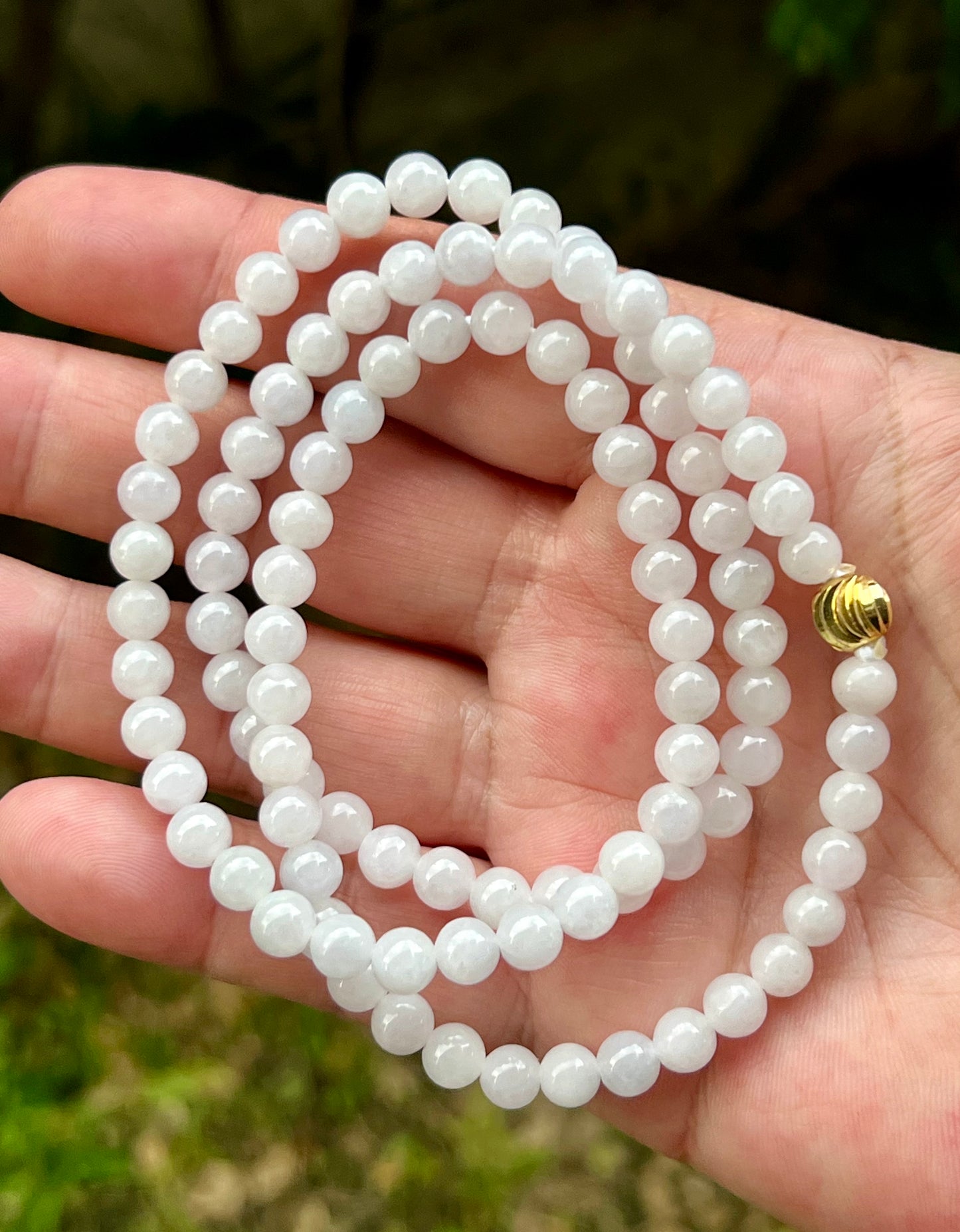 Natural Certified Grade A Burmese Jadeite Jade Beaded Necklace – Icy Milky White & Light Apple Green Hues – 6.4mm Beads – JN014