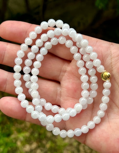 Natural Certified Grade A Burmese Jadeite Jade Beaded Necklace – Icy Milky White & Light Apple Green Hues – 6.4mm Beads – JN014