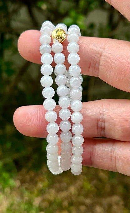 Natural Certified Grade A Burmese Jadeite Jade Beaded Necklace – Icy Milky White & Light Apple Green Hues – 6.4mm Beads – JN014
