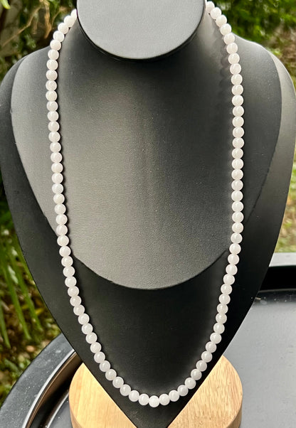 Natural Certified Grade A Burmese Jadeite Jade Beaded Necklace – Icy Milky White & Light Apple Green Hues – 6.4mm Beads – JN014