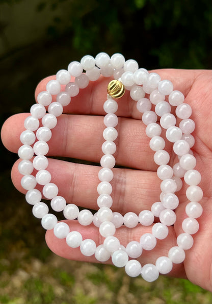 Natural Certified Grade A Burmese Jadeite Jade Beaded Necklace – Icy Milky White & Light Apple Green Hues – 6.2mm Beads – JN015