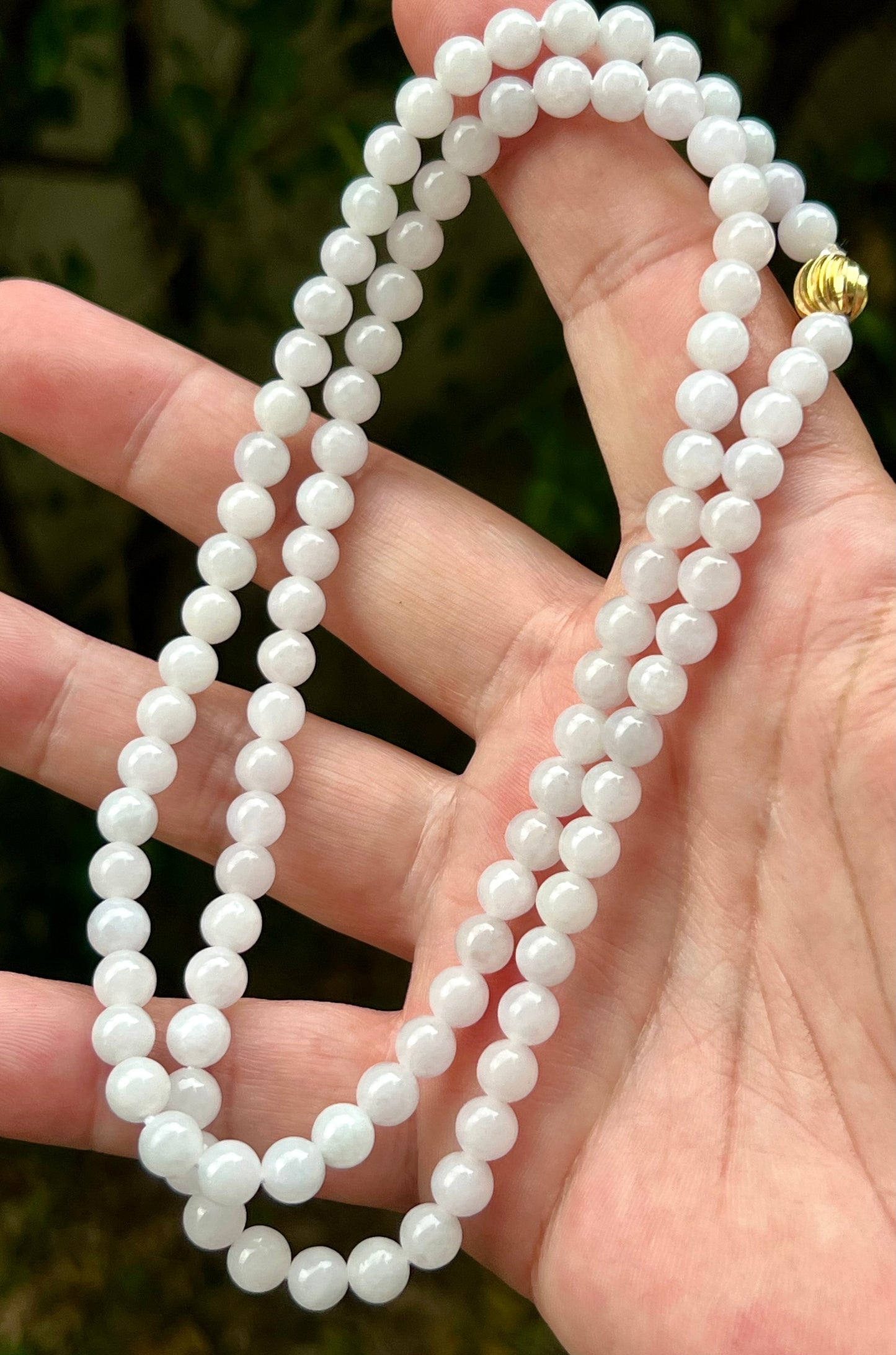Natural Certified Grade A Burmese Jadeite Jade Beaded Necklace – Icy Milky White & Light Apple Green Hues – 6.2mm Beads – JN015