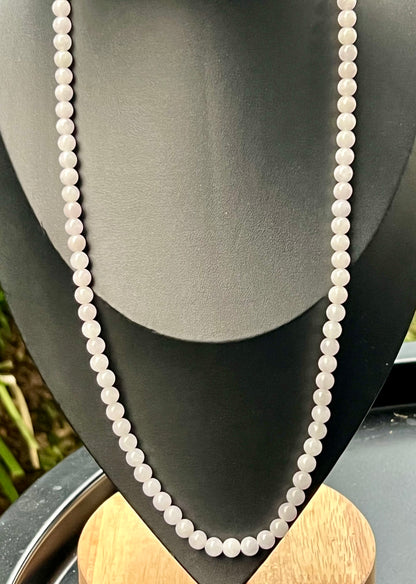 Natural Certified Grade A Burmese Jadeite Jade Beaded Necklace – Icy Milky White & Light Apple Green Hues – 6.2mm Beads – JN015
