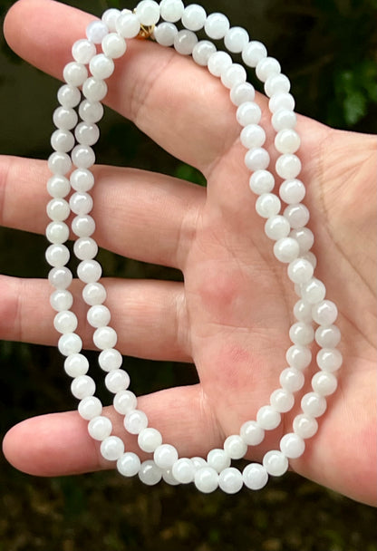 Natural Certified Grade A Burmese Jadeite Jade Beaded Necklace – Icy Milky White & Light Apple Green Hues – 6.2mm Beads – JN017
