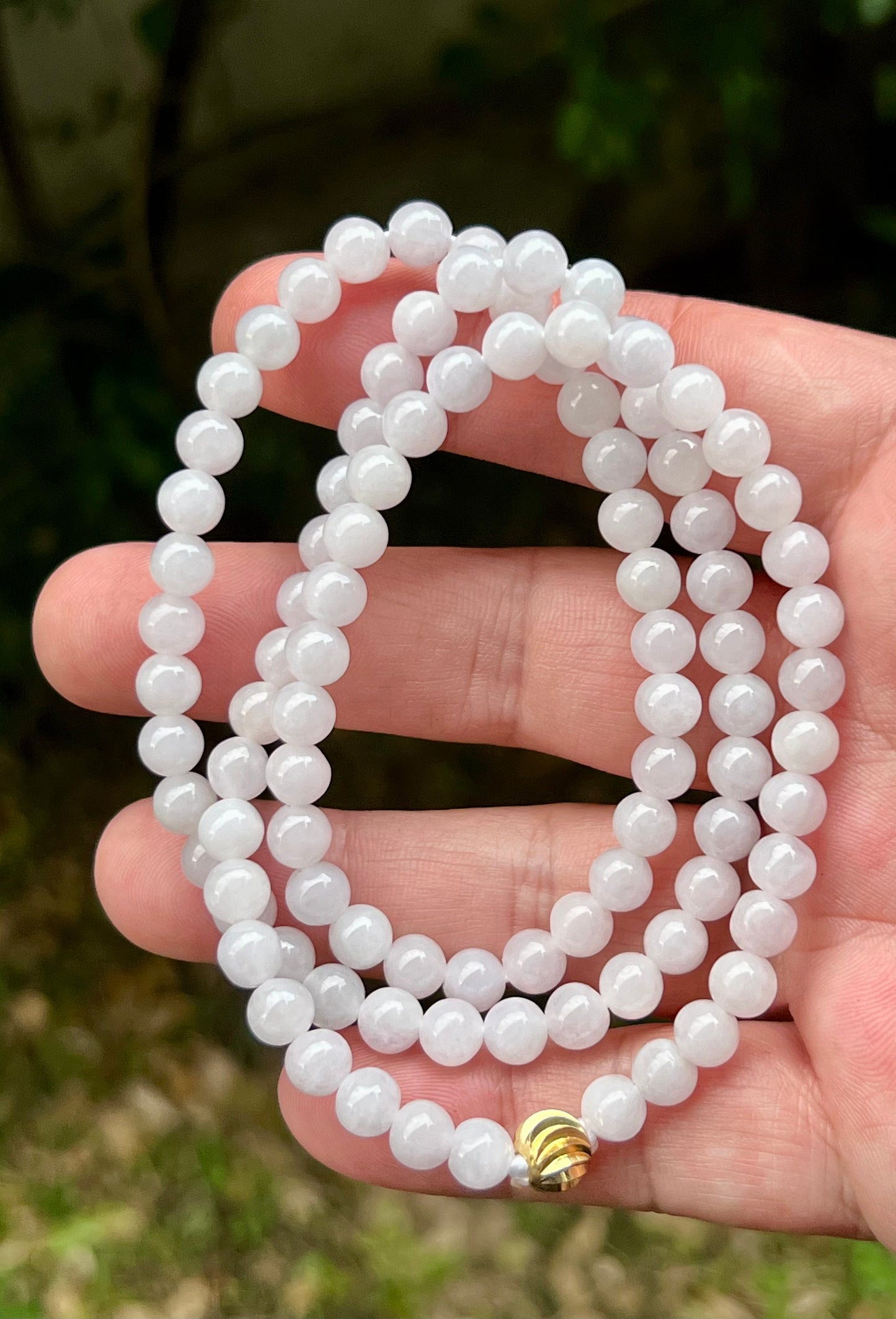Natural Certified Grade A Burmese Jadeite Jade Beaded Necklace – Icy Milky White & Light Apple Green Hues – 6.3mm Beads – JN016