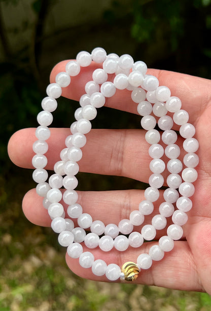 Natural Certified Grade A Burmese Jadeite Jade Beaded Necklace – Icy Milky White & Light Apple Green Hues – 6.3mm Beads – JN016