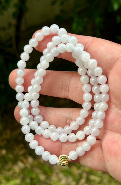 Natural Certified Grade A Burmese Jadeite Jade Beaded Necklace – Icy Milky White & Light Apple Green Hues – 6.3mm Beads – JN016