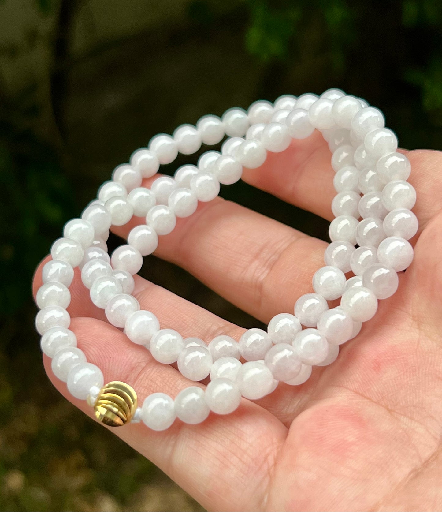 Natural Certified Grade A Burmese Jadeite Jade Beaded Necklace – Icy Milky White & Light Apple Green Hues – 6.3mm Beads – JN016